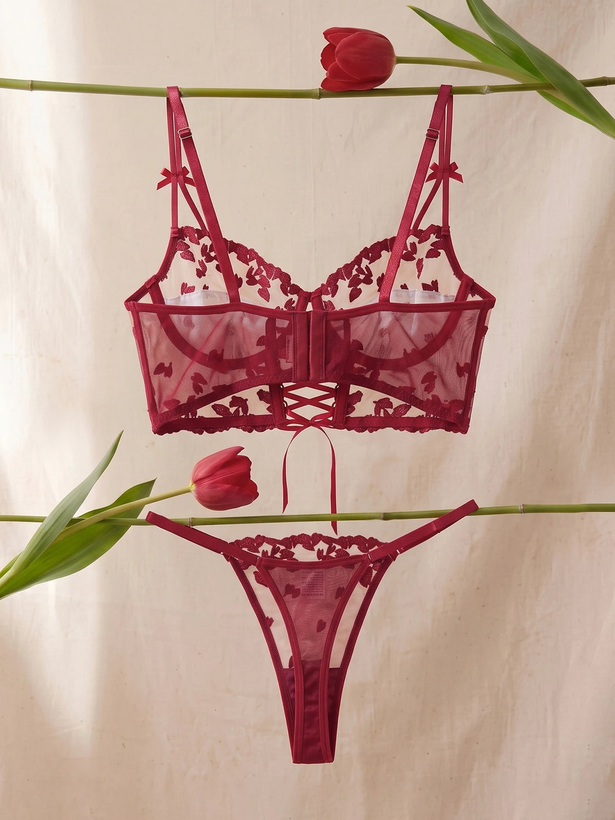 Red Wine Color Heart Embroidery Bra Set with Ornament Valentine's Day Gift Top Choice Lingerie Underwear for Women