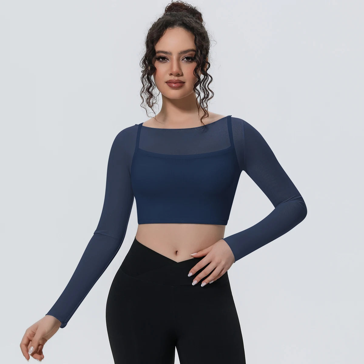 Woman Sports Yoga Long Sleeves Workout Top Solid Color False Two-piece Mesh Running Shirts with Chest Pad Summer Long Sleeves