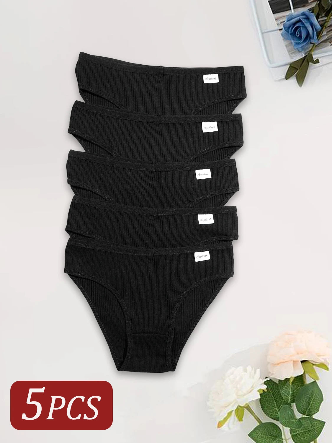 5PCS Black Cotton Women Panties Sexy Low Waist Underpants Girls Solid Color Striped Briefs Lingerie Breathable Underwear XS-XXL
