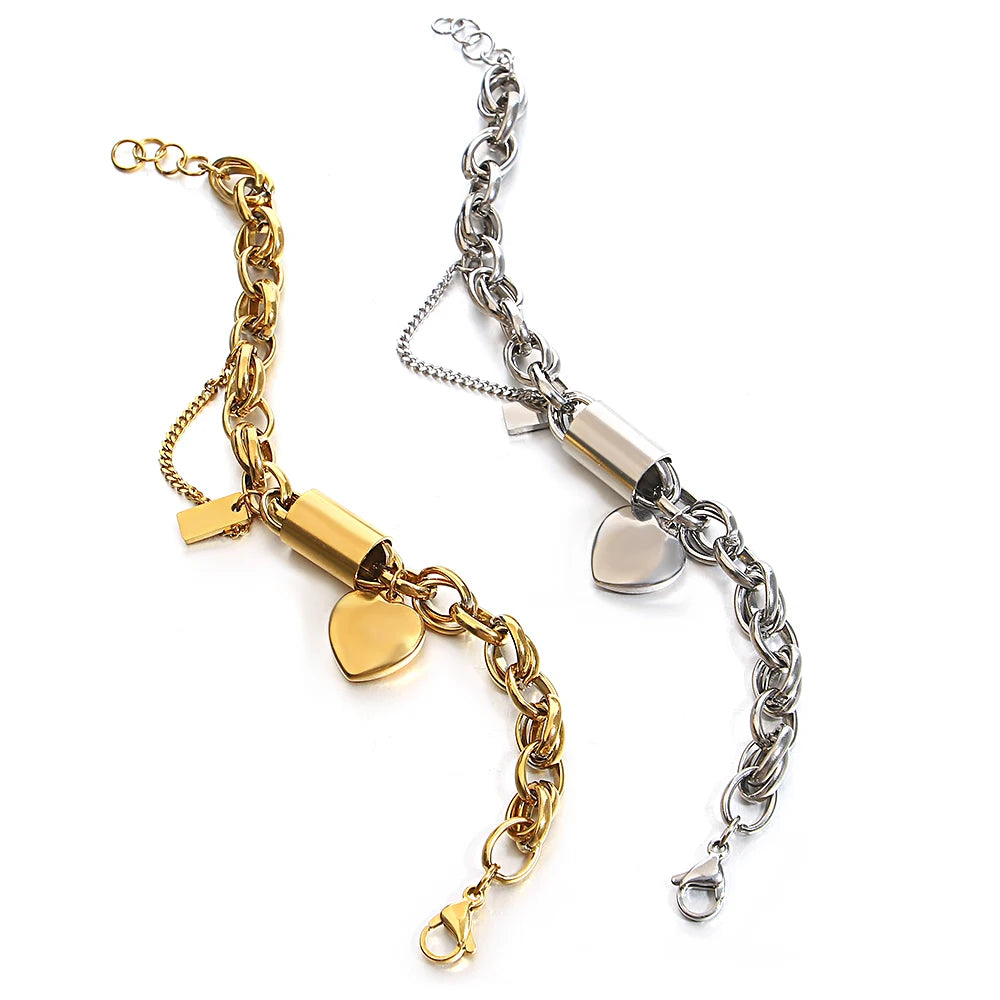 DZ Gold Color Thick Chain Stainless Steel Bracelets for Women Fashion Design Heart Love Pendant Wrist Jewelry