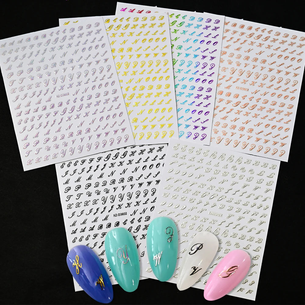 1pc Gold Silver English Letter Nail Sticker Black Laser 3D Alphabet Self Adhesive Decal English Words DIY Slider Manicure Decor