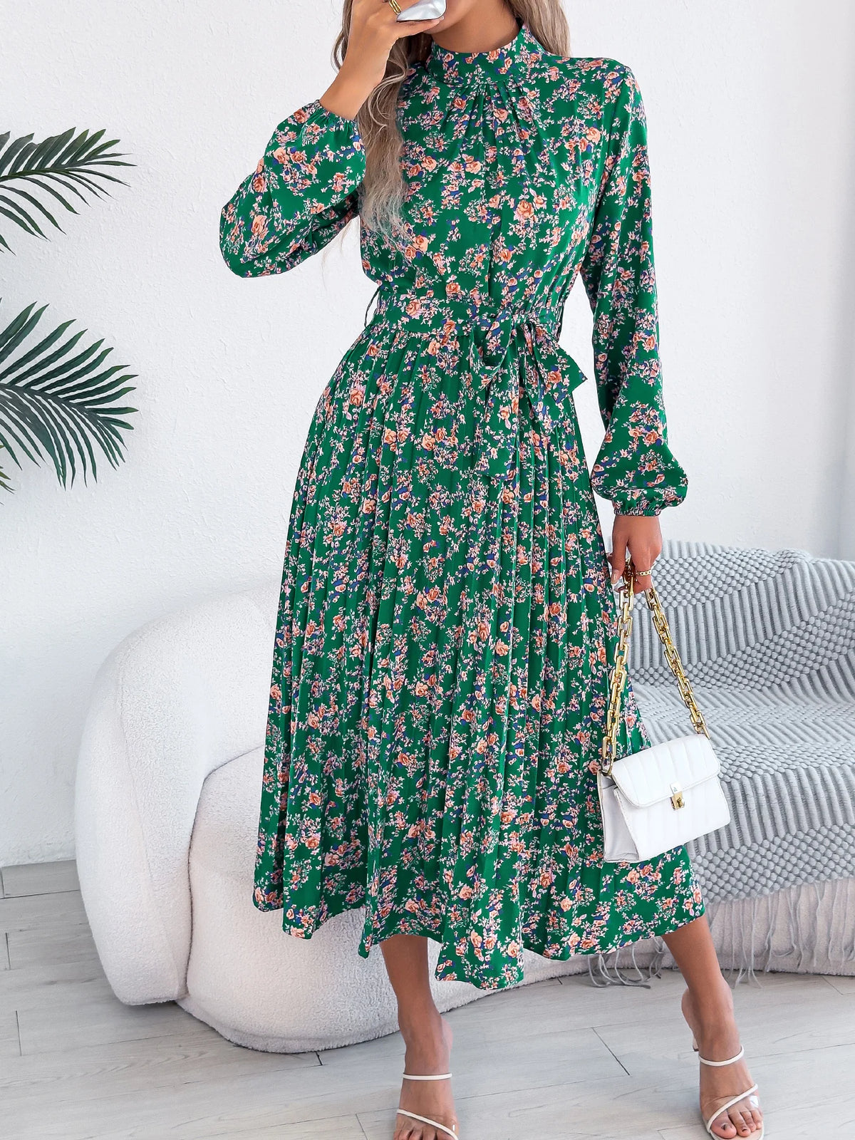 Floral Stand Up Collar Bridesmaid Dress 2026 Spring Autumn Elegant Long Sleeve Waist Cinching Pleated Dresses Woman Clothing