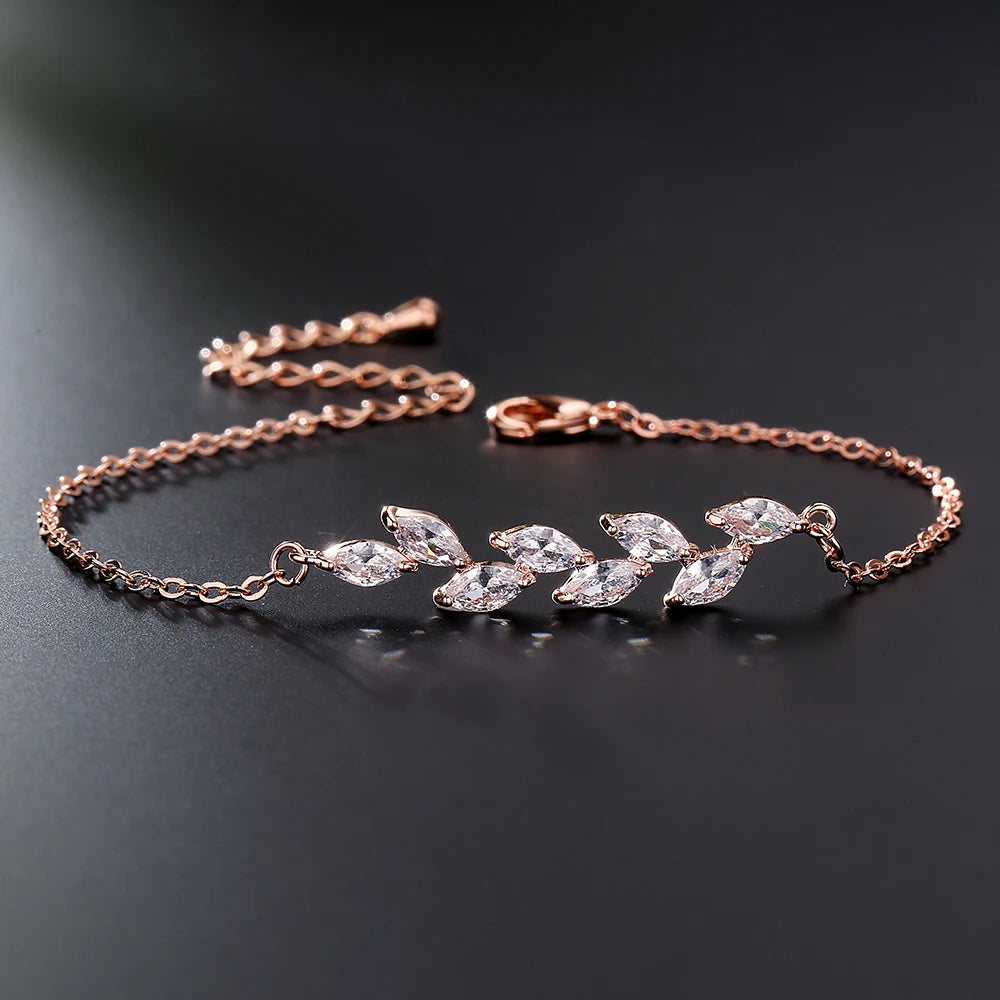 ZAKOL Exquisite Leaf Cubic Zirconia Charm Chain & Link Bracelets for Women Girls Three Colors Bridal Wedding Jewelry