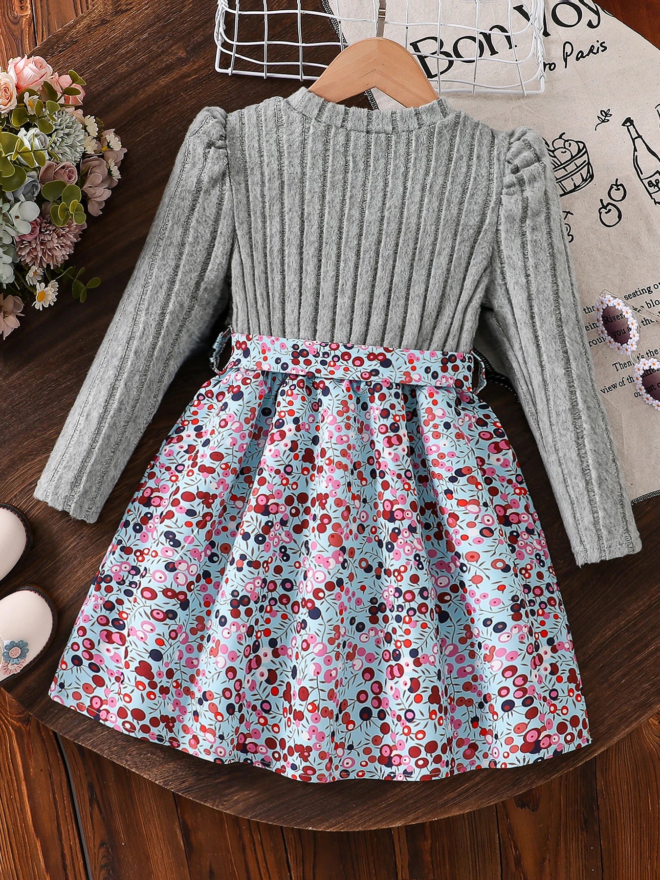 Spring and Autumn Girls' Simple Casual Versatile Knitted Round Neck Long-Sleeved Floral Dress Girls' Daily Casual Dress