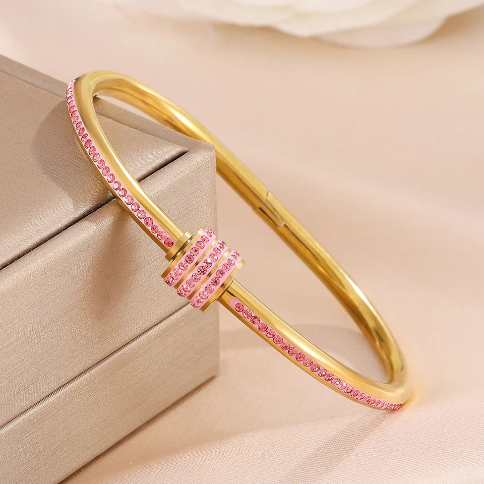 ZAKOL 5/1pcs Fashion Shiny Pink Zircon Inlaid Stainless Steel Bracelets for Women High-end Stacking Bangles Personalized Jewelry
