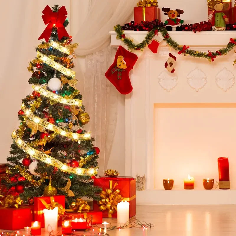 1pc Christmas Gilding Double Ribbon Christmas Ribbon LED String Lights Christmas Decorations Party Decorations Christmas Pendant