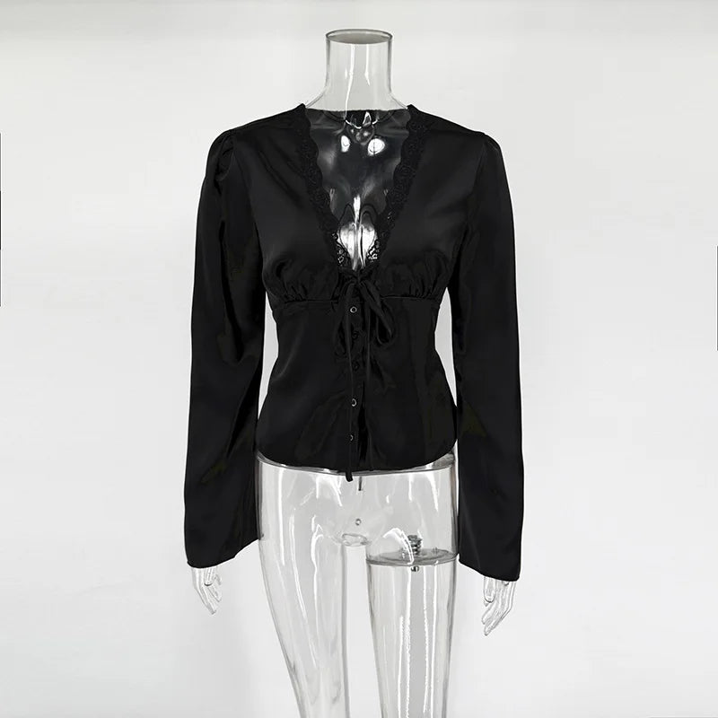 Vintage Lace Patchwork Satin Shirts Women Lace Up Long Sleeve Slim V-Neck Romantic Tops Female Spring Autumn Commute Streetwear