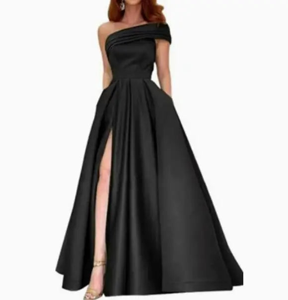 BKLD Solid Color Fashion One Shoulder Satin Dress Birthday Party Fluffy Dress 2026 Autumn Women Clothing Green Split Sexy Dress