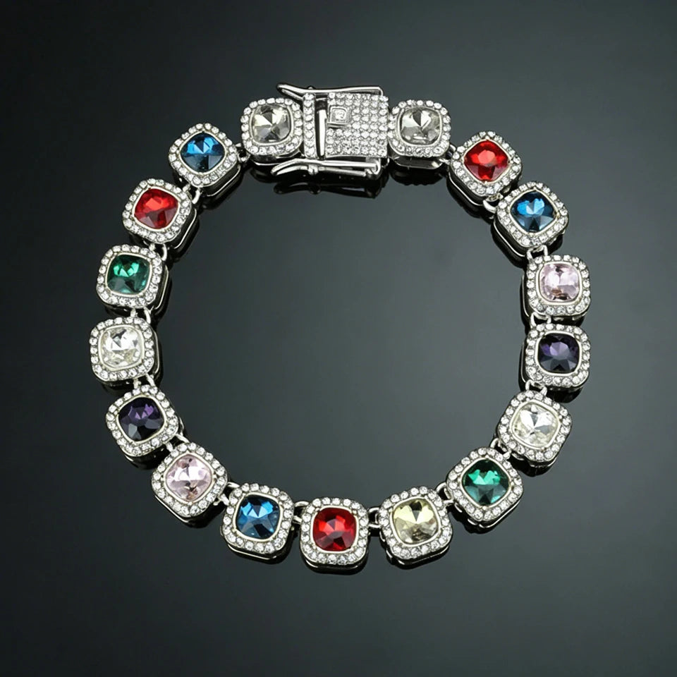 ZAKOL Hip Hop Luxury Square Colorful Rhinestones CZ Tennis Chain Necklace Bracelet Punk Fashion Jewlery Couple Gift