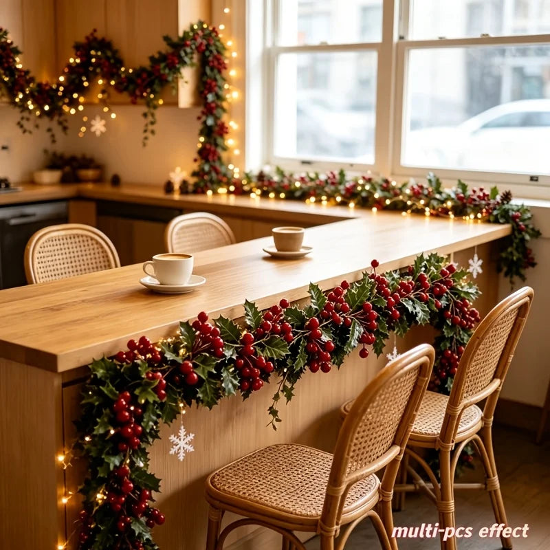 4Pcs 100cm Artificial Holly Berry Garland, Bendable Green Holly Leaf Red Berry Vine, Christmas Mantel Arch Stair Hanging Rattan