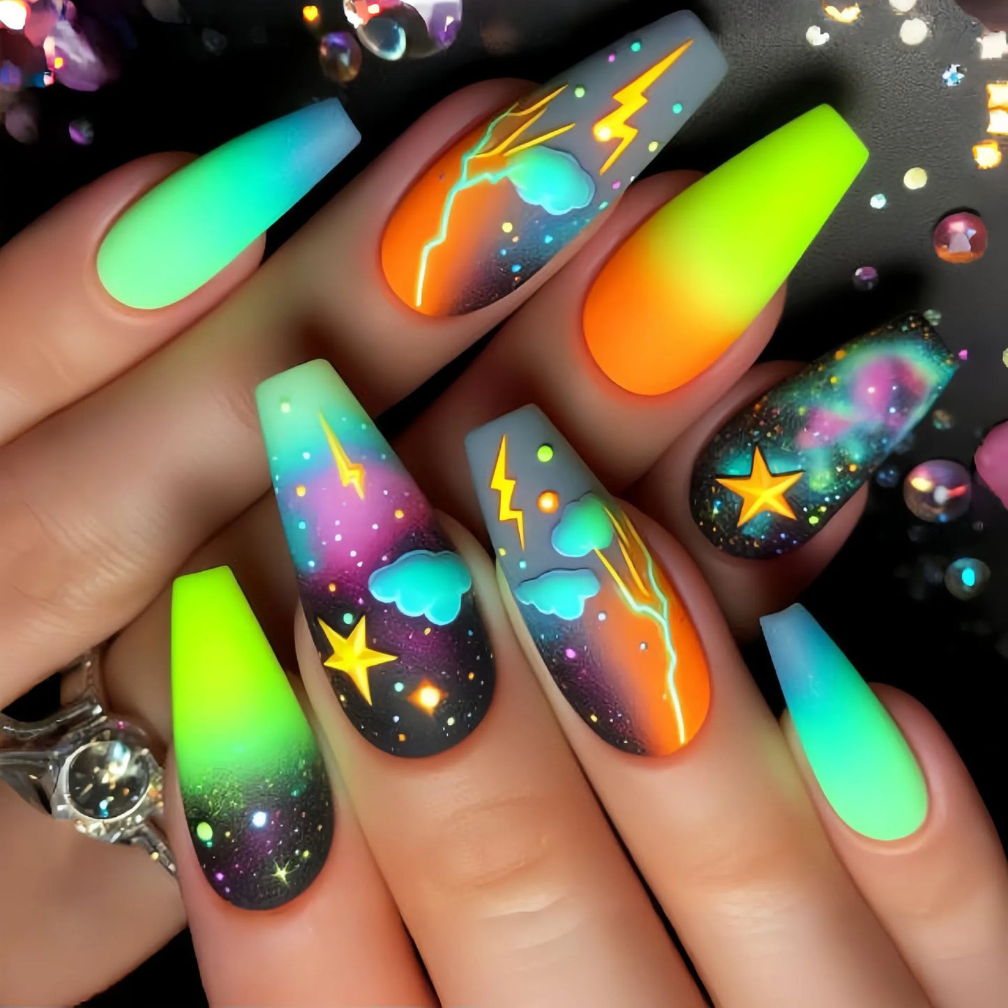 24pcs/set Medium fake nails for women girls gradient green blue cloud star lightning for summer full cover press on false nail
