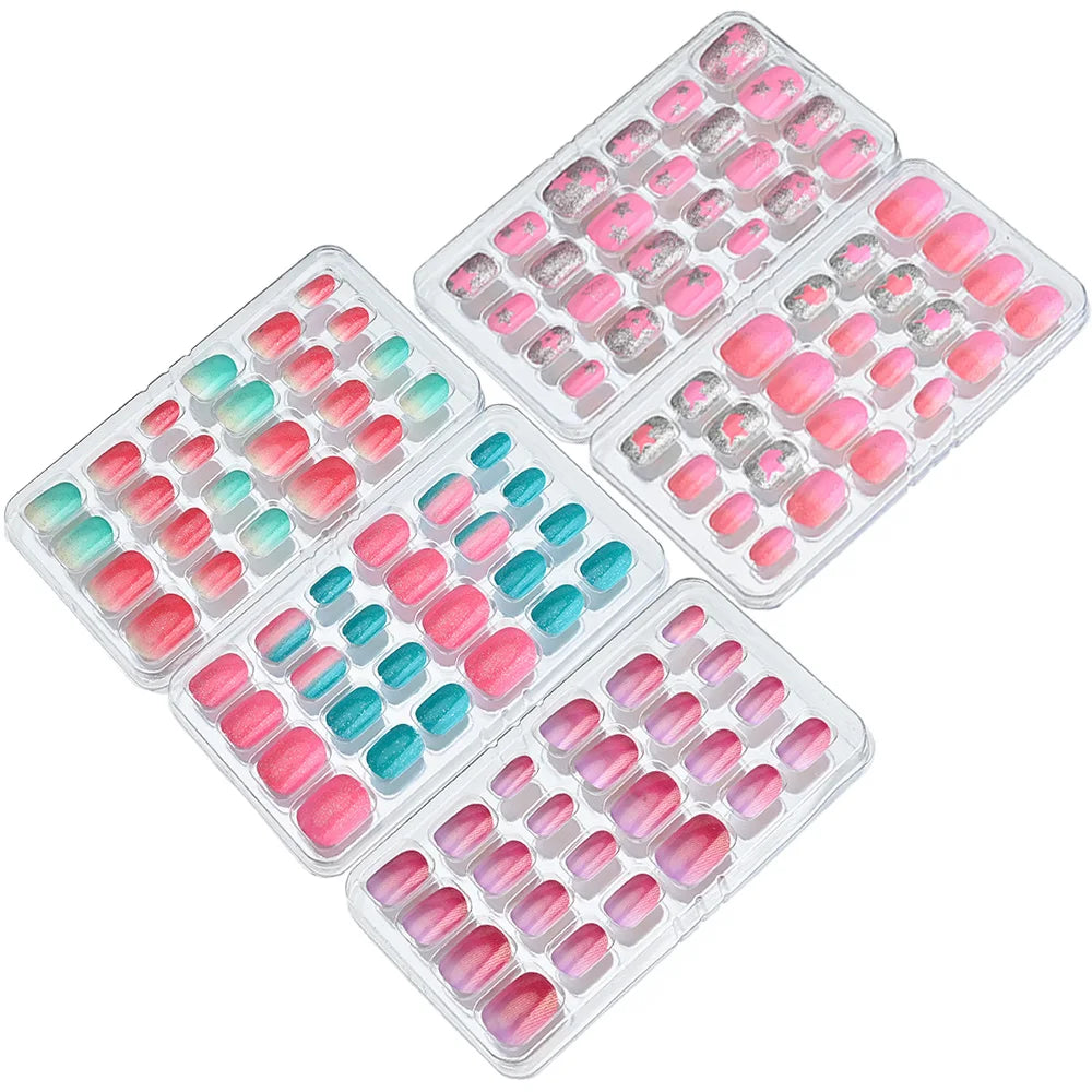 24Pcs/Box Cartoon Heart Bow Rainbow Design Kid Fake Nails Tips Cute False Nail Girls Press on Nails Full Cover Short Fingernails