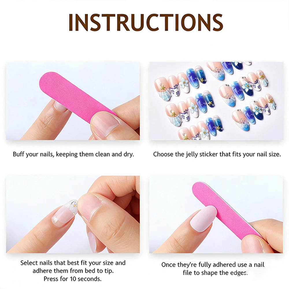 30pcs Epoxy Seashell Orchid Water Droplets False Nails Blue And White Porcelain Press On Nails Long Almond Starfish Fake Nails