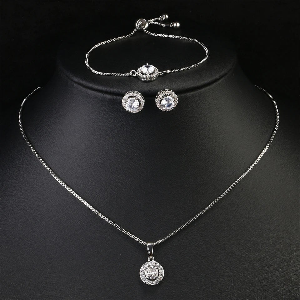 Simple Geometric Round Zircon Pendant Necklace for Women Clear  AAA Zirconia Crystal Charm Chain Necklaces Wedding Jewelry Sets