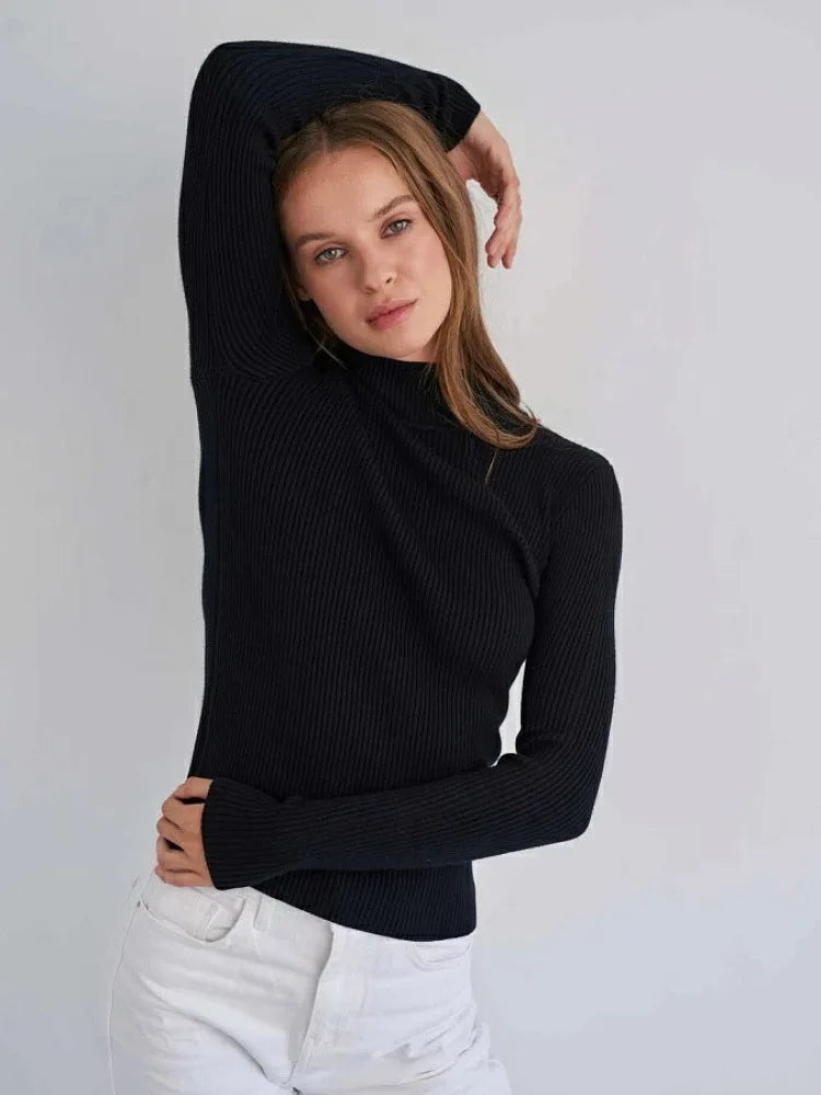 Women's Elegant Knitted Pullover Sweater Vintage Half High Neck Solid Tops Casual Slim Fit Sweaters Autumn Winter Basic Knitwear