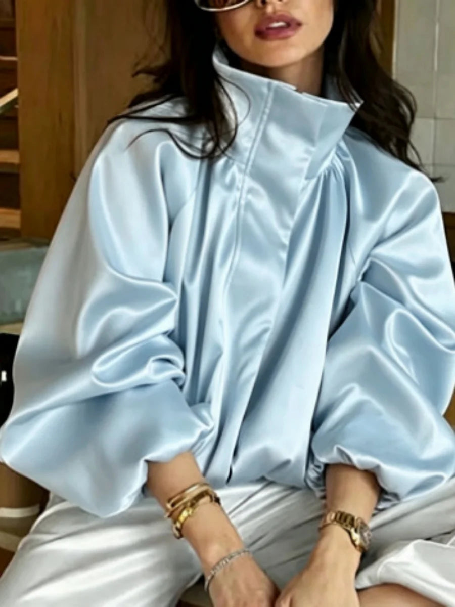 Women's Elegant Satin Zipper Jackets Fashion Stand Collar Long Puff Sleeve Loose Fit Coats Casual Autumn Winter Outerwear