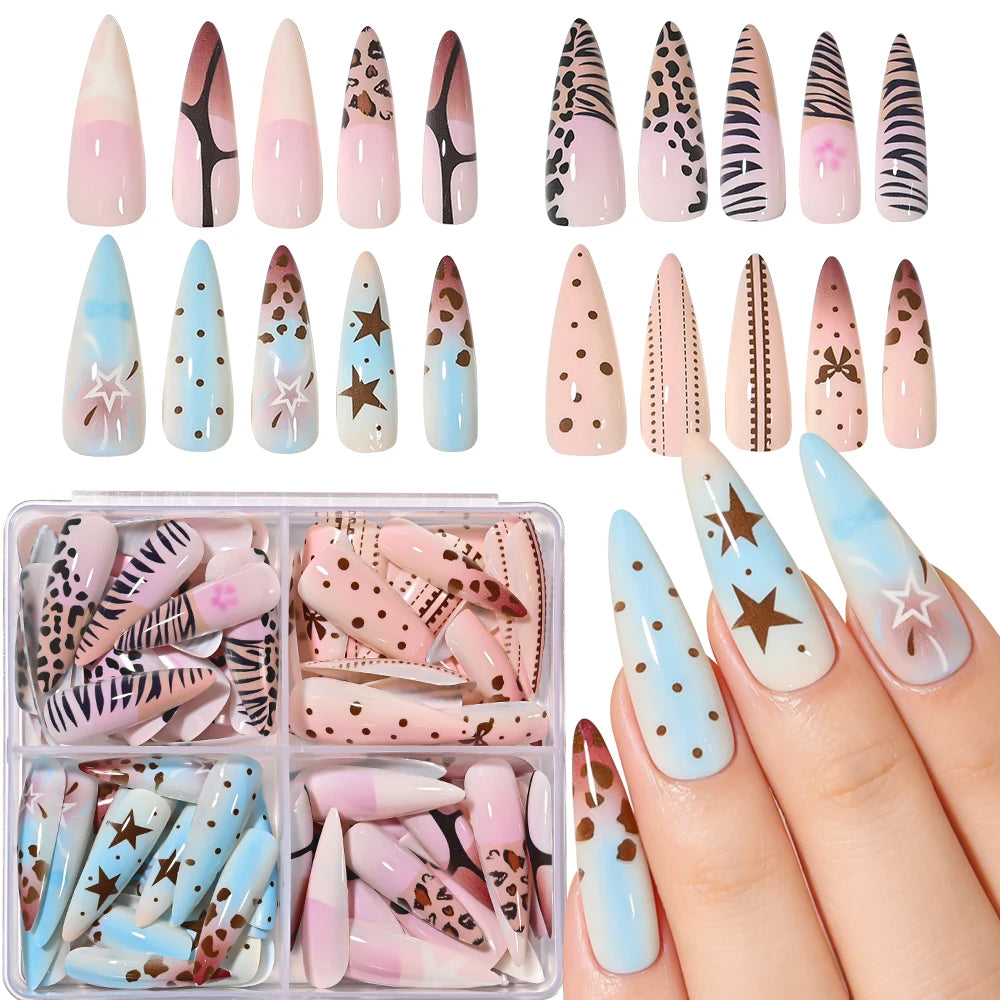96Pcs French Almond Full Cover Fake Nail with Leopard Print Design 3D Bow Star Long Stiletto False Nails Women Press on Nails