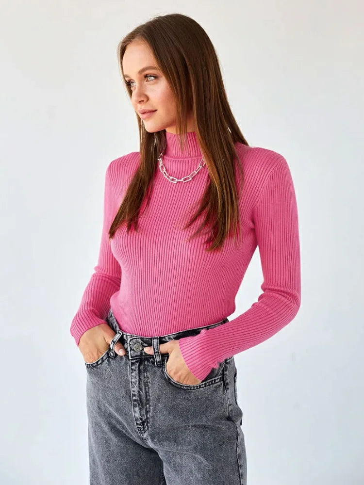 Women's Elegant Knitted Pullover Sweater Vintage Half High Neck Solid Tops Casual Slim Fit Sweaters Autumn Winter Basic Knitwear