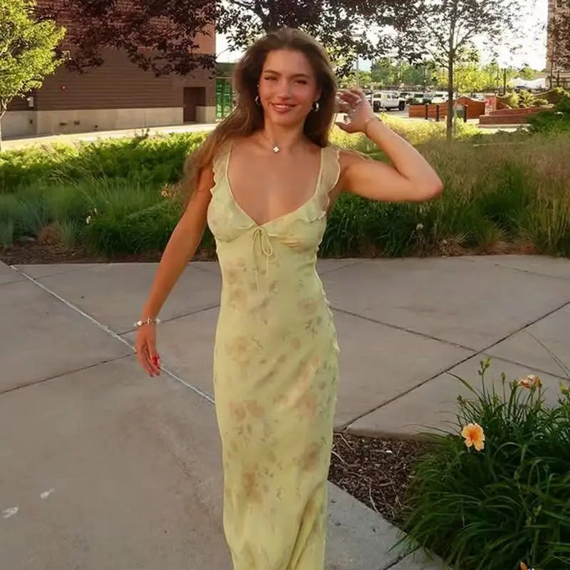 Elegant Summer Print Floral Dress Women V-neck Slim Ruffles Sleeveless Backless Long Dresses 2026 Beach Vacation Lady Vestidos