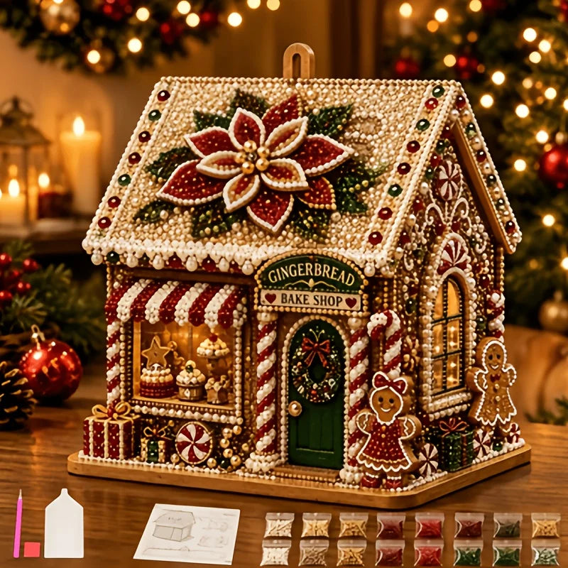 DIY 3D Wooden Diamond Painting Kit, Assemblable Christmas Cabin Hanging Ornament with Full Tools for Window Home Indoor Decor