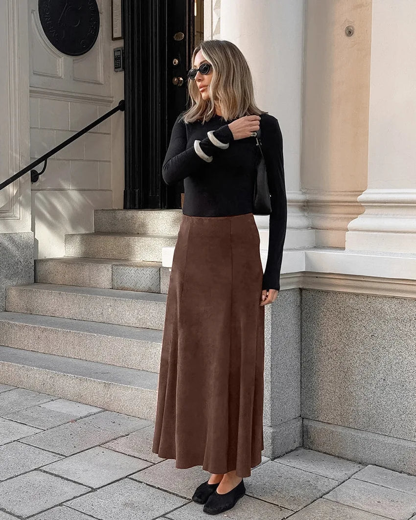 BKLD Autumn And Winter Retro New Fashionable Suede Fabric Brown Slimming High Waist Straight Skirt Casual Long Skirts For Women