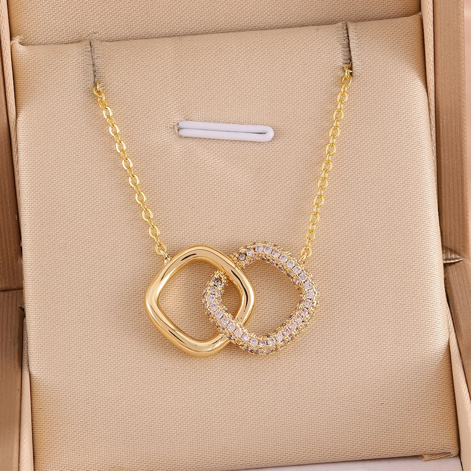 ZAKOL Hollowed Geometric Square Pendant Necklace Earrings Simple Fashion Shiny Zircon Party Jewelry Set Holiday Gifts