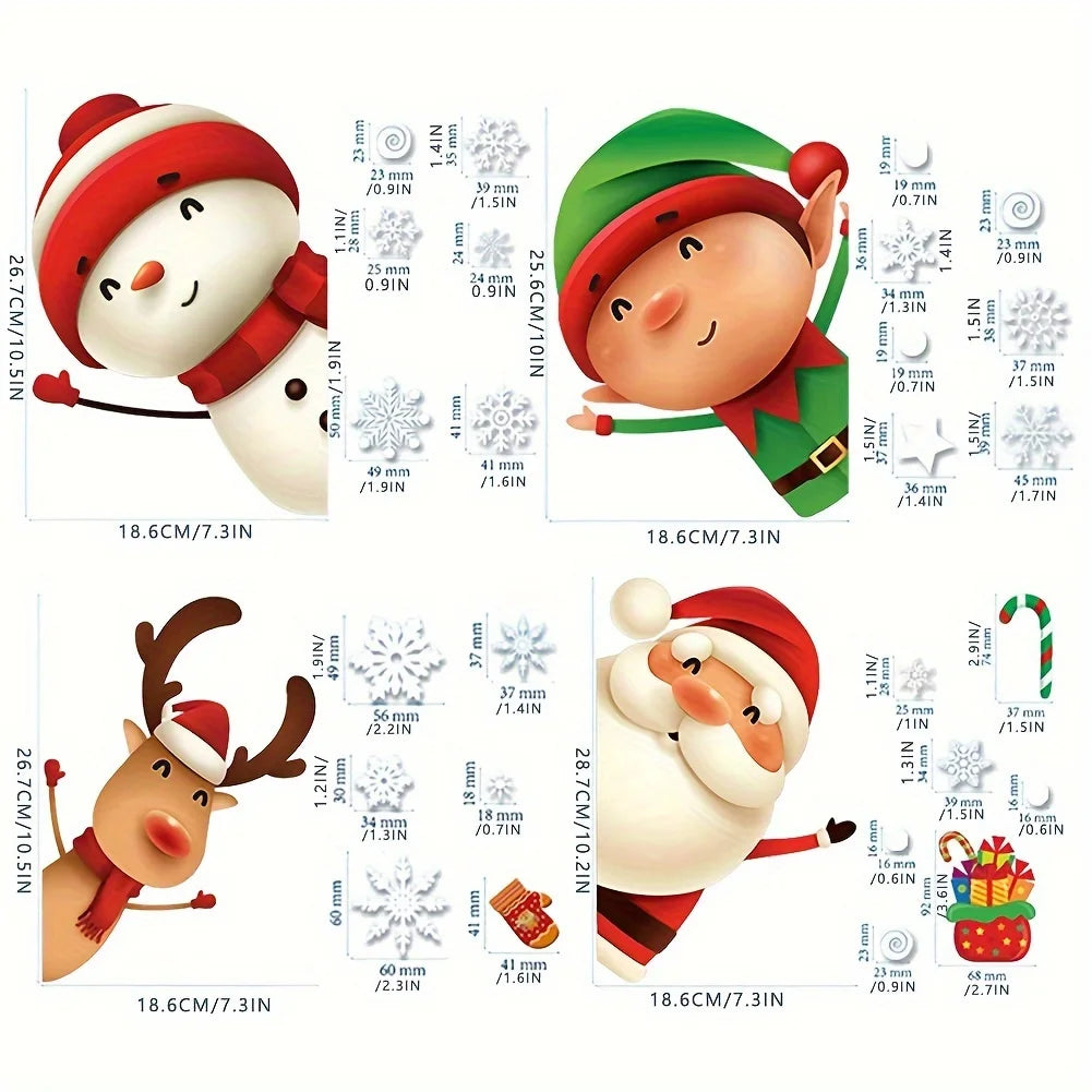 1 Set Christmas Window Clings Stickers - Santa, Reindeer, Snowman & Snowflake Designs,Indoor/Outdoor Use, Festive Decoration