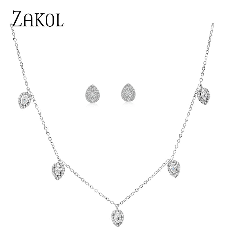 ZAKOL Water Drop Cubic Zirconia Pendant Choker Jewelry Sets for Women Girl Ins Trendy Gold Color Stud Earring Necklace Set Gift