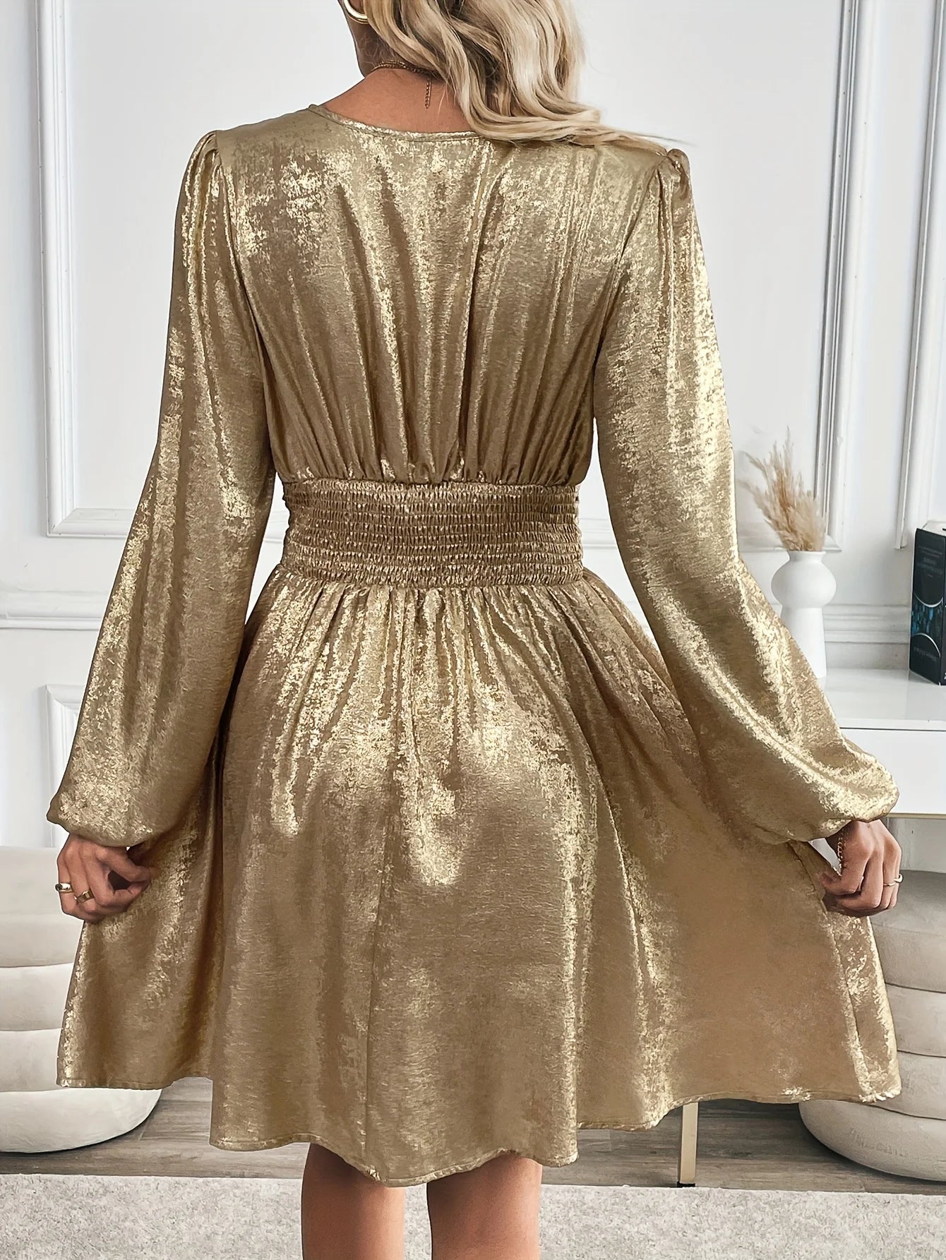 Elegant V-Neck A-Line Dress – Gold Tone Party Style