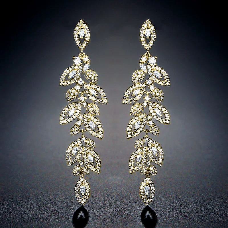 ZAKOL Luxury Shiny Zircon Polish Bridal Wedding Dange Earrings Elegant Marquise Leaf AAA CZ Long Drop Earring Party Jewelry