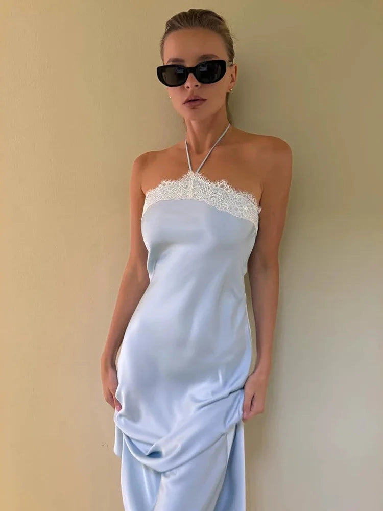 Summer Vacation Sexy Satin Halter Neck Slim Maxi Dress Casual Lace Up High Waist Lace Patchwork Dresses Female Chic Streetwear