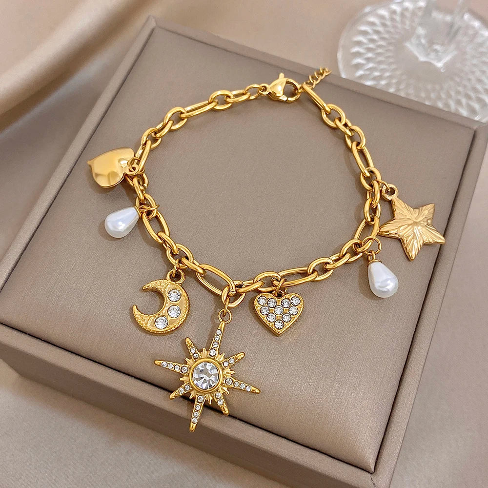 Flashbuy New Trendy Chic Gold Plated Stainless Steel Bracelet Statement Moon Heart Star Charm Sun Pendant Wrist Fashion Jewelry