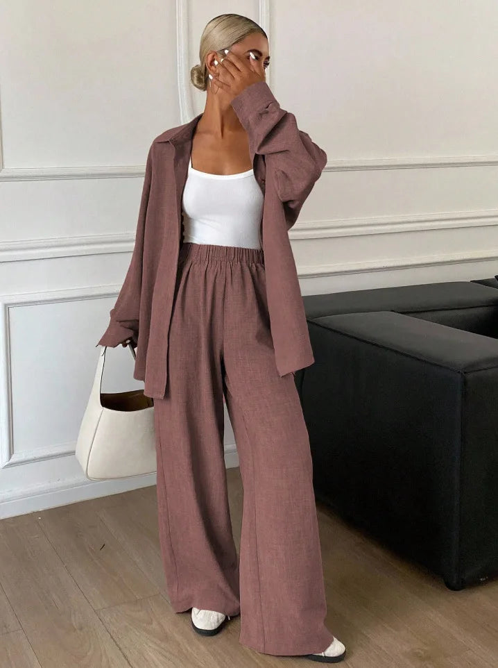 2026 New Women Linen Two Piece Outfit Set Lapel Long Sleeve Button Shirts Elastic Waist Wide Leg Pants Casual Loose Home Suit