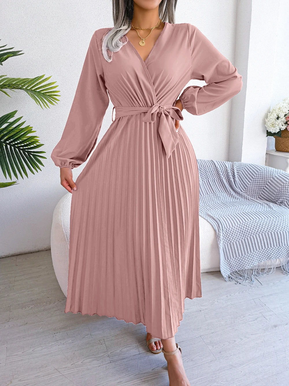 Women Elegant V Neck Long Sleeve Pleated Maxi Dress
