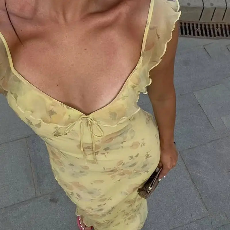 Elegant Summer Print Floral Dress Women V-neck Slim Ruffles Sleeveless Backless Long Dresses 2026 Beach Vacation Lady Vestidos