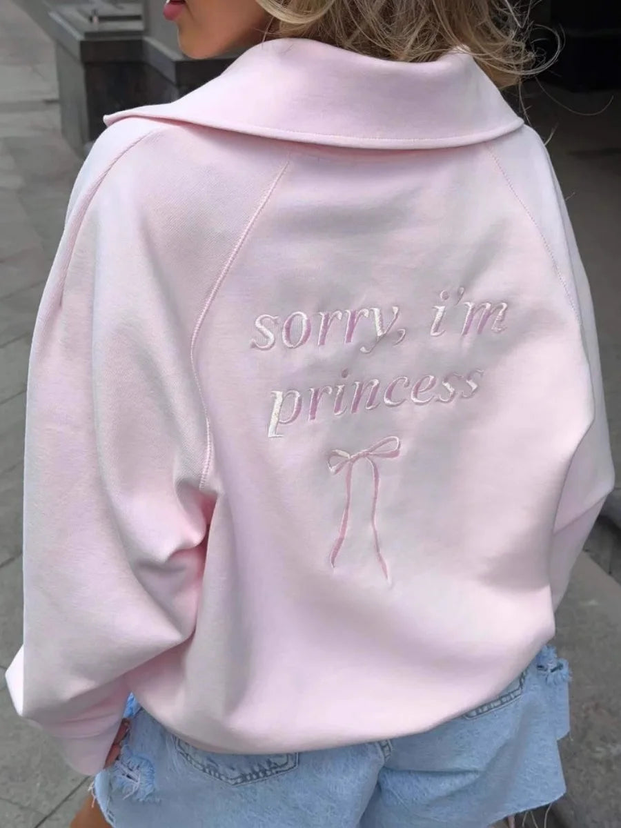 Women's Fashion Pink Pullovers Casual Long Sleeve Loose Half Zip Letter Embroidery Top Autumn Winter Vintage Female Streetwear