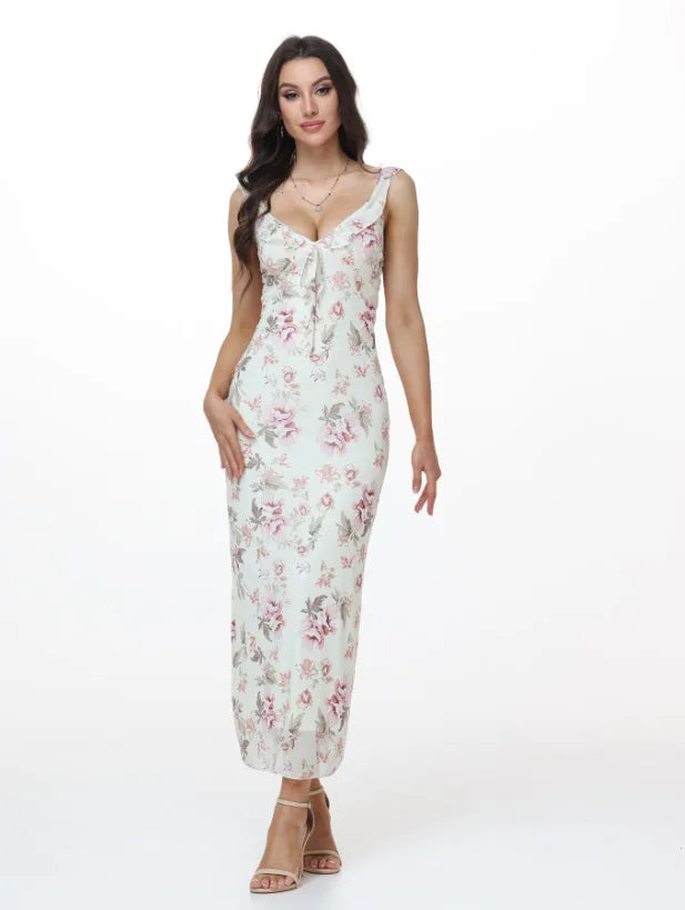 Elegant Summer Print Floral Dress Women V-neck Slim Ruffles Sleeveless Backless Long Dresses 2026 Beach Vacation Lady Vestidos