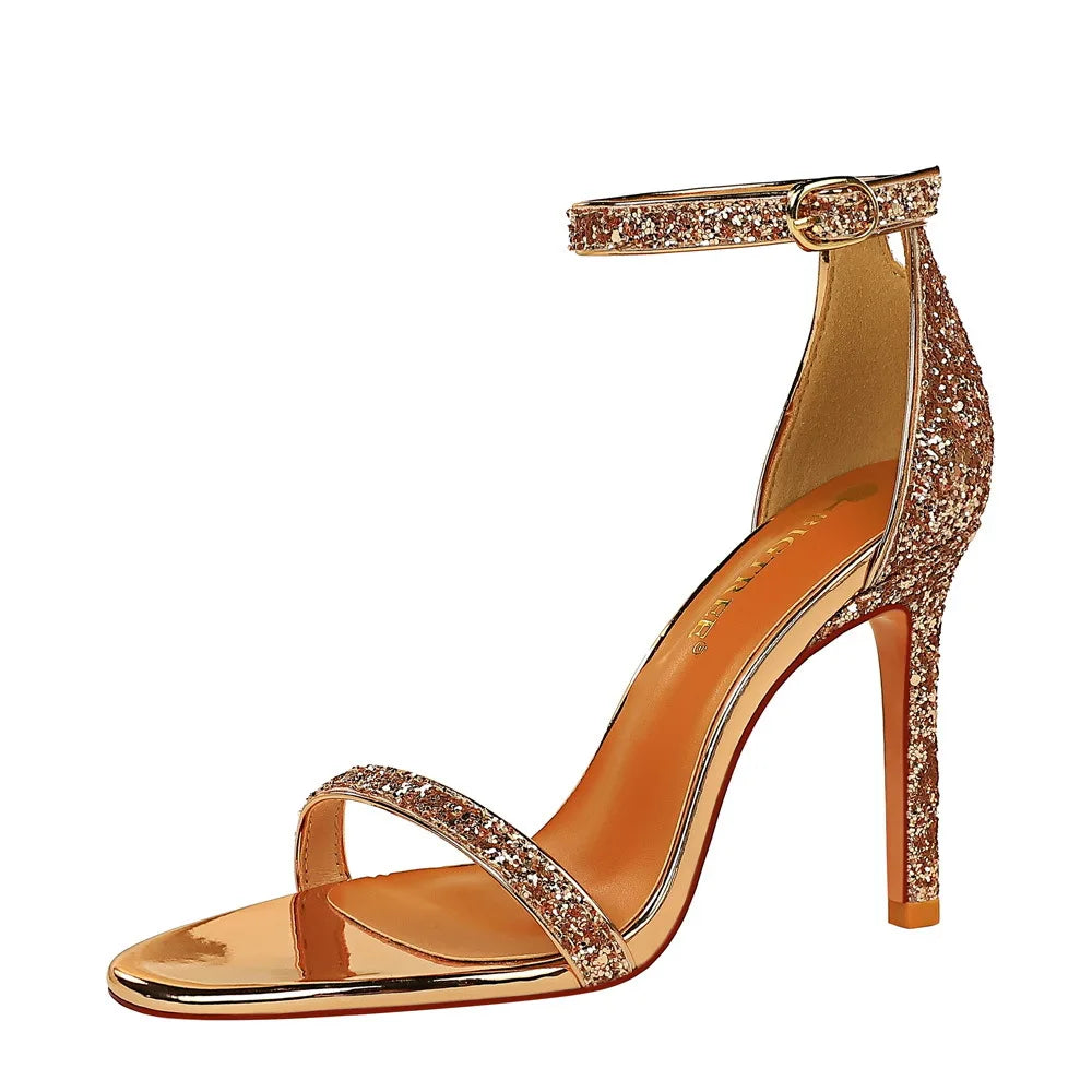 2024 New Women Classic High Heels Hollow Sandals Sparkling Sequins Stiletto Female Summer Pumps Gentle One Word Belt  829-3