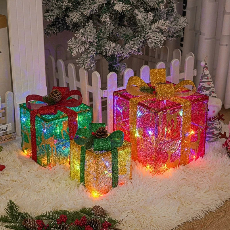 Set of 3 Christmas Lighted Gift Boxes Decorations Presents Boxes Christma Ornaments for Xmas Tree Yard Home Indoor Outdoor