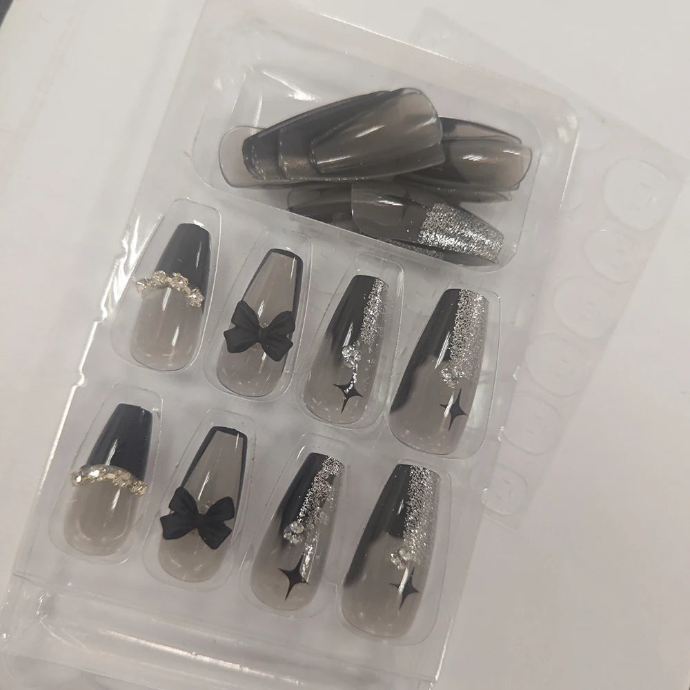 24Pcs Black Bow Ballet French False Nails Acrylic Full Cover Fake Nails with Star Bowknot Rhinestone Coffin Press on Nails