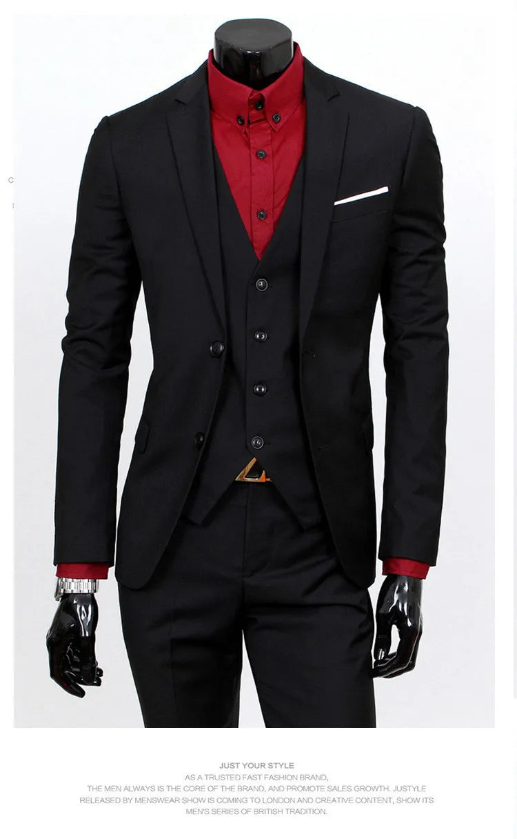 Spring Autumn New Fashion Men's Trendy Slim Business Solid Color 3 Pieces of Suits Sets Single Greasted Blazers Waistcoat Pants
