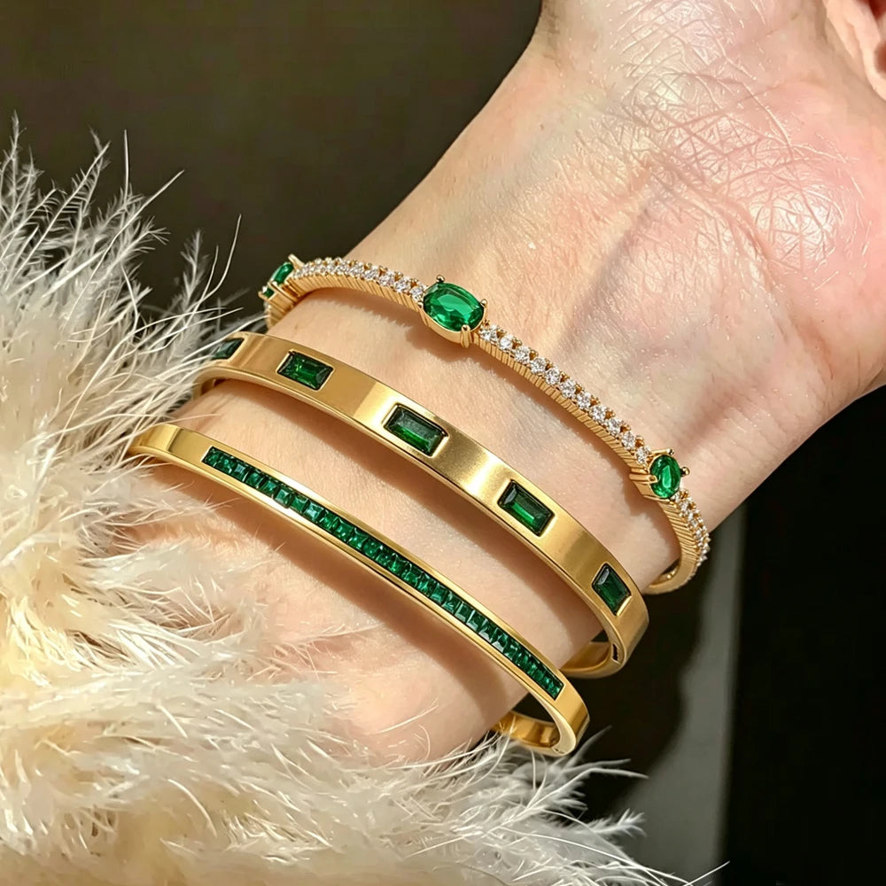 ZAKOL 3 Styles Shiny Green Geometric Zirconia Inlaid Stainless Steel Bracelets for Women Personalized Wedding Party Jewelry