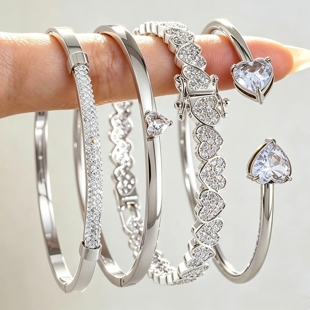 ZAKOL 4/1pcs Fashion Stainless Steel Sackable Bracelets Shiny Heart-shaped Zircon Embellished Bracelet Bangles Charm Jewelry Gif