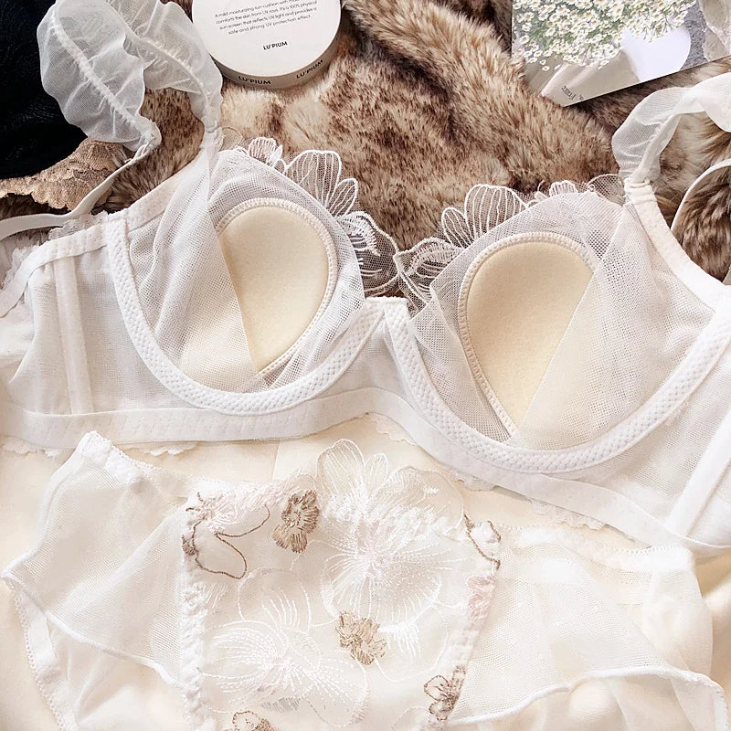 MOYISU French Elegant Embroidered Lace Minimizer Bra Support Soft Underwire Rabbit Ear Cup Sensual Lingerie Set Large Bust S-XL