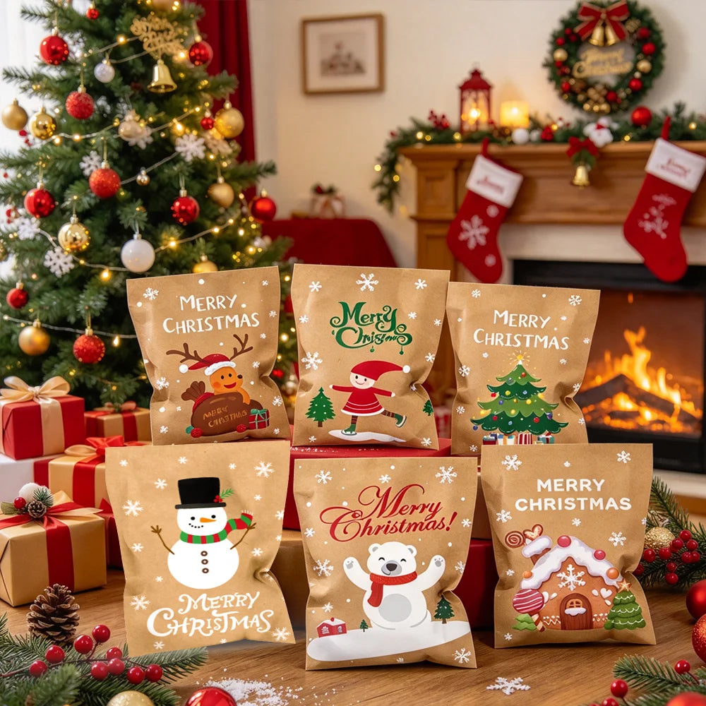24Pcs Merry Christmas Cartoon Kraft Paper Cookie Bags, Xmas Candy Goodie Bags with Decorative Stickers, Chocolate, Small Gifts