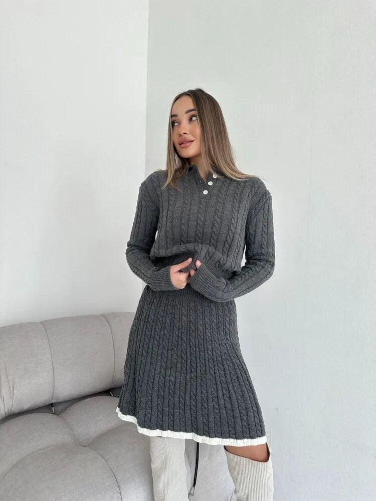 BKLD 2026 New Casual Skirt Sets Long Sleeve Tops Knitted Button Sweater And Mini Skirts Two Piece Sets Clothes For Women