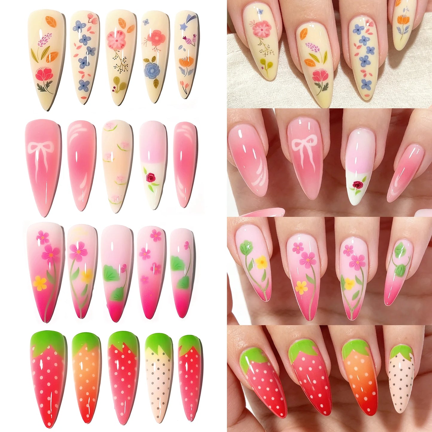 96pcs Gradient Pink Strawberry Design Long Almond False Nails Full Cover Fake Nails Tips Extension Floral Bow Press on Nails