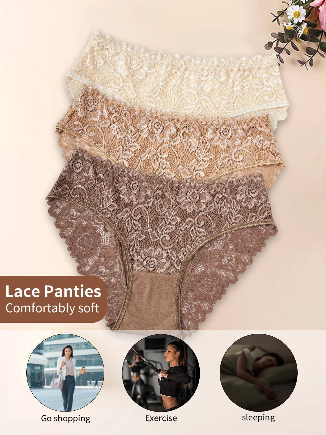 3PCS Semi-Sheer Elegant Lace Floral Design Women's Panties Solid Color Mid Waist Briefs Cotton Lingerie Comfortable Breathable