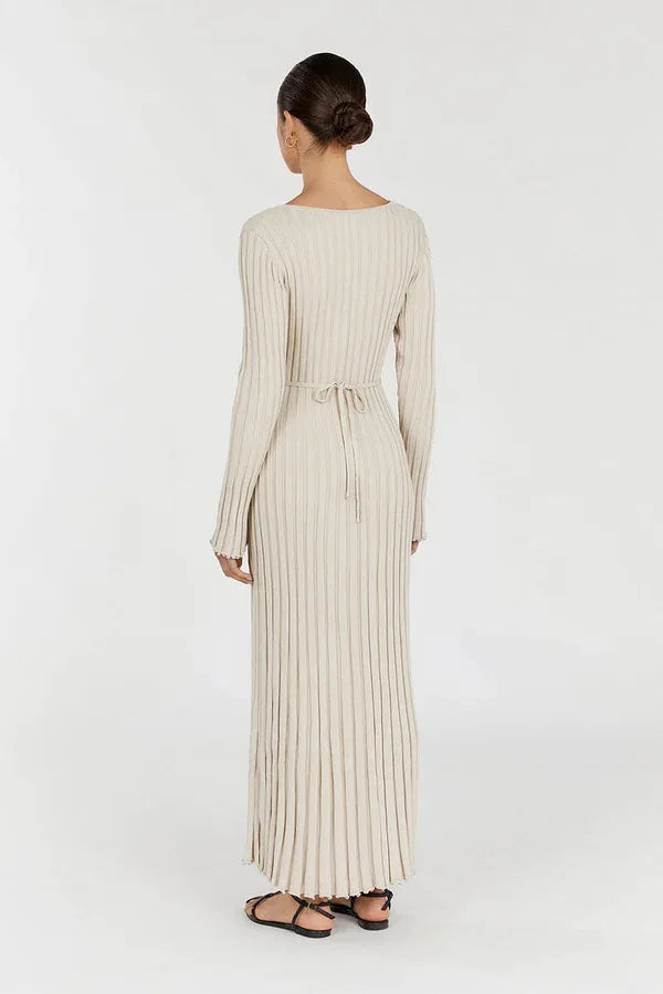 Vintage Lace-Up Female Knit Maxi Dress Elegant High Waist Patchwork Long Sleeve Loose Solid Dress Bodycon Knitwear Basic Dresses