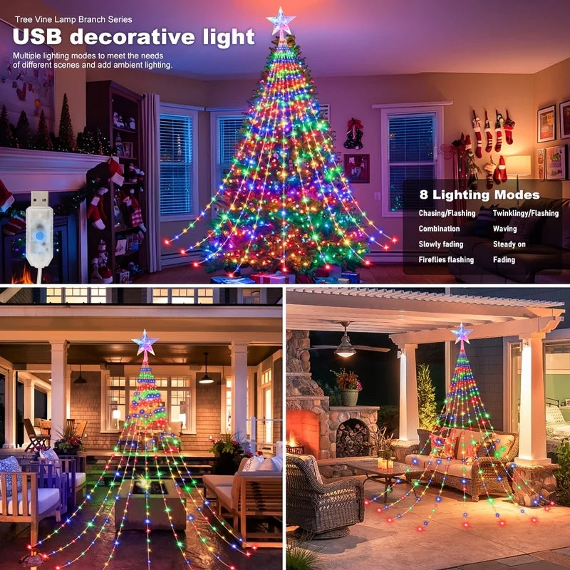 USB 180 LED Star String Lights -200CM, Waterfall & Tree Design for Indoor Outdoor Decor, Perfect for Parties, Wedding，Christmas